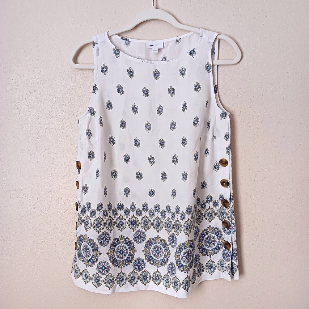 J. Jill Linen Boho Print Button Detail Sleeveless Blouse Women's XS White